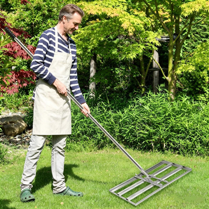 Rasenrakel 75x25cm Rasen Rakel, Garten Rasenrakel Edelstahl mit 2m Stiel, Nivellierrechen Müheloses
