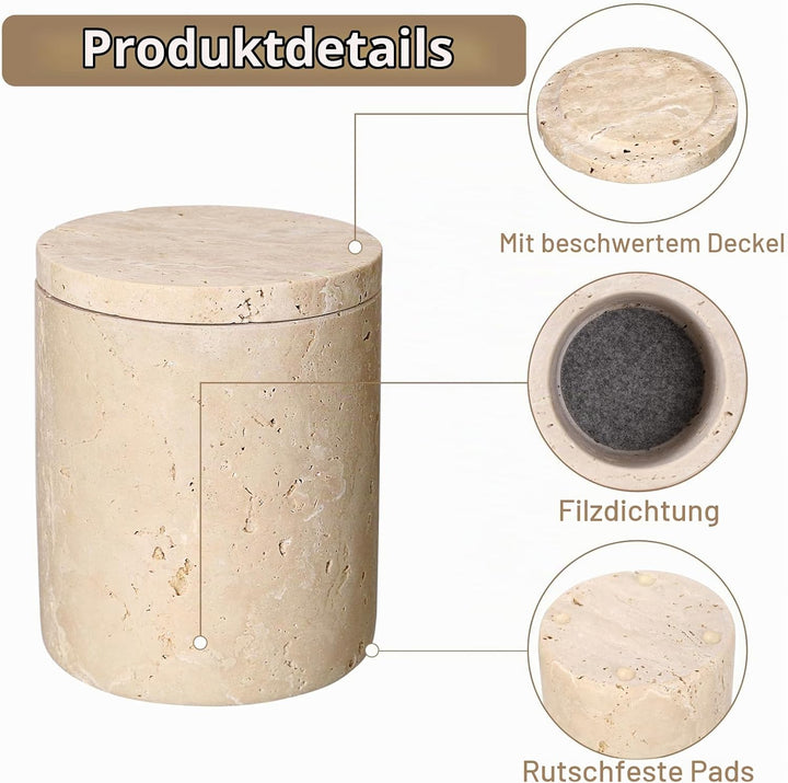 Travertin Rund Dose Modern Wattestäbchen Box Wattepadspender mit Deckel Make-up Tupferhalter für Bad