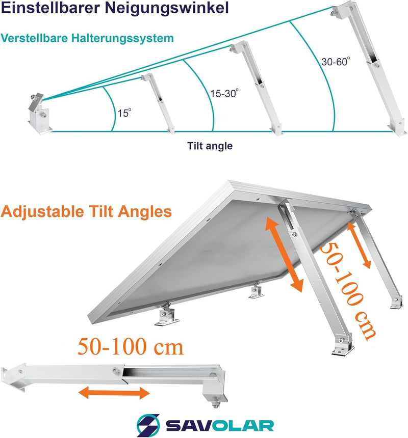 2 Sets SAVOLAR Solarmodul Halterung Balkonkraftwerk Flachdach (15-60°) Winkel Einstellbar, 50-100cm