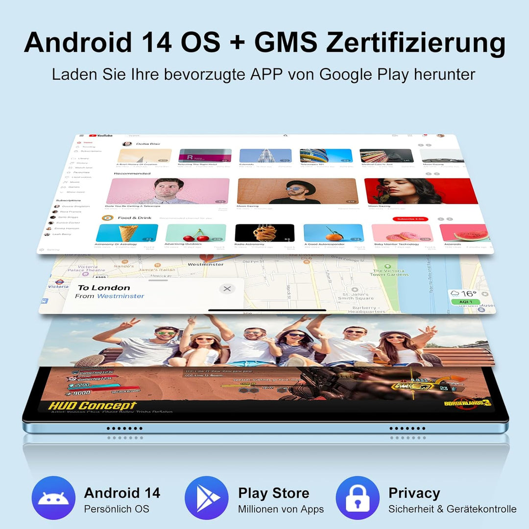 ZIOVO Android 14 Tablet, 10 Zoll, 22 GB RAM + 128 GB ROM (1 TB TF), Widevine L1/Octa-Core/2,0 GHz/5G