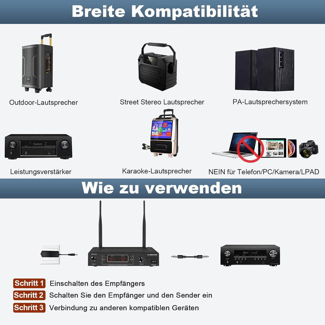 Phenyx Pro Wireless Mikrofon Set,VHF Kabellos Mikrofon System mit 1 Handheld+1 Headset+1 Lapel+1 Bod