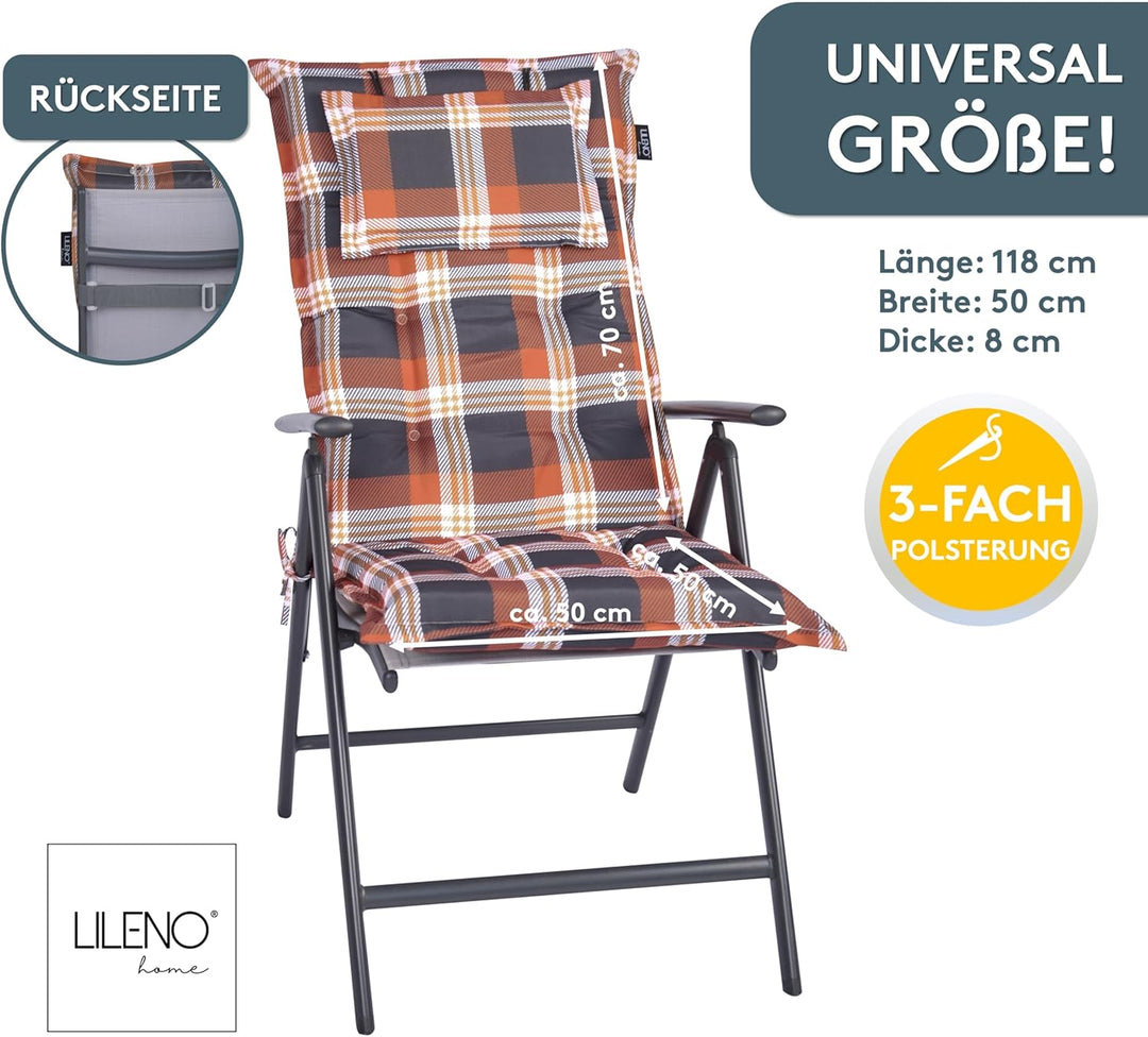 LILENO HOME Gartenstuhl Auflagen als [2er Set - Hochlehner] in Karo Rot - Bequeme Liegen als Sitzauf
