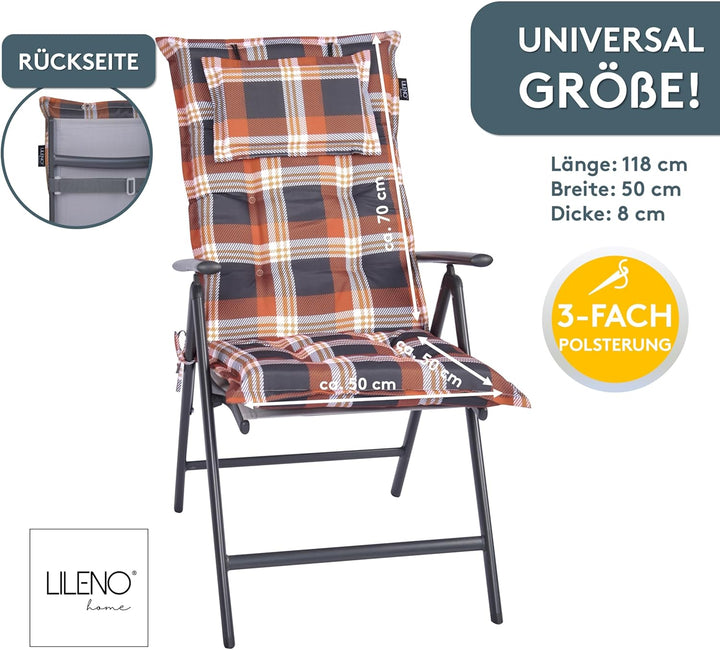LILENO HOME Gartenstuhl Auflagen als [2er Set - Hochlehner] in Karo Rot - Bequeme Liegen als Sitzauf
