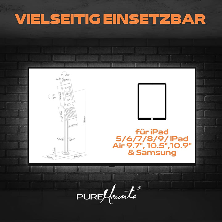 PureMounts® Tablet Halterung mit abschliessbarem Stahlgehäuse für iPad 5/6/7/8/9/ IPad Air 9.7"/ 10.