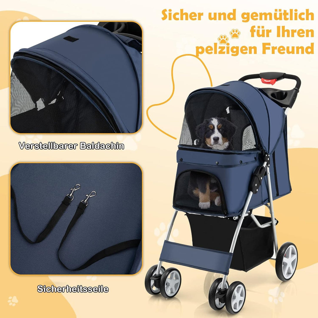 COSTWAY Hundewagen Haustiere Buggy bis 15kg, Hundebuggy mit Netzfenstern & Getränkehalter & Anhänger