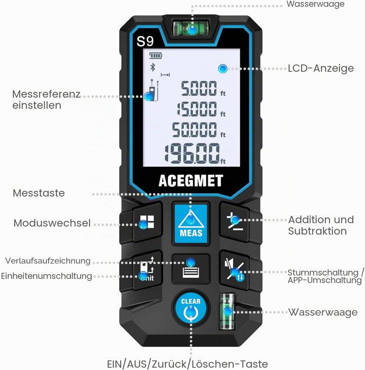 ACEGMET Laser-Entfernungsmesser Smartphone-App,Reichweite, 2 Wasserwaagen, Bluetooth,LCD-Display mit