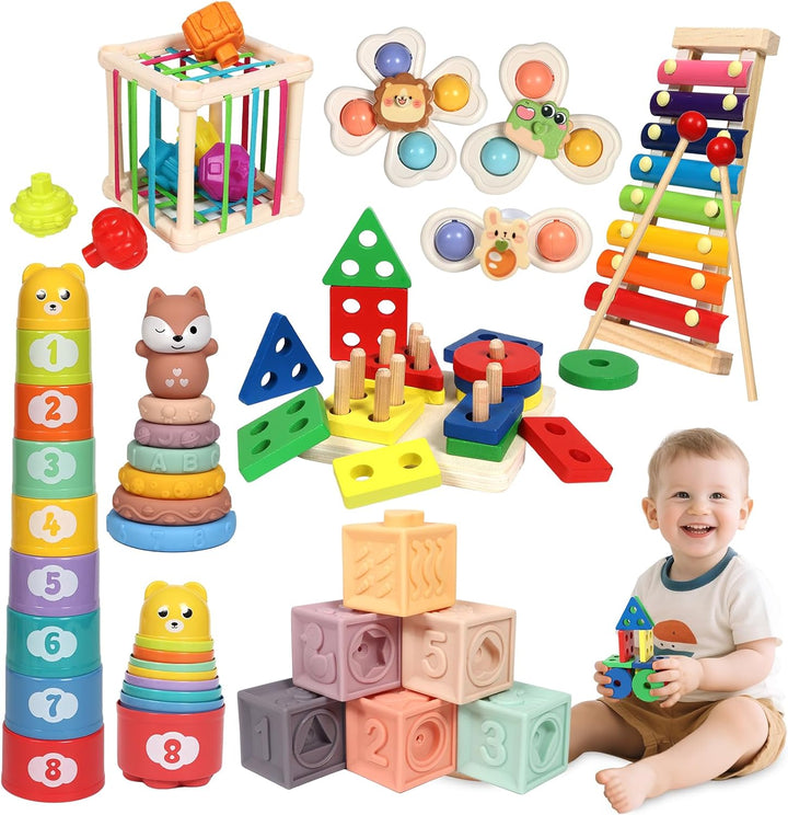 LearnToy Baby Spielzeug 6-18 Monate - Montessori 7-in-1 Aktivitätsset mit Stapelblöcken, Beissring &