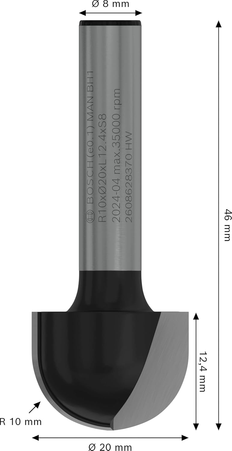 Bosch Accessories Professional Zubehör 2608628370 Hohlkehlfräser 8 mm, R1 10 mm, D 20 mm, L 12,7 mm,