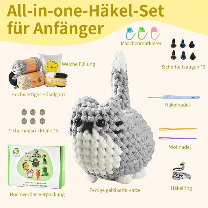 SHYSBV Häkelset für Anfänger Heckel Set Komplettes Amigurumi Set 3 süsse Katzen mit Garn Häkelnadel