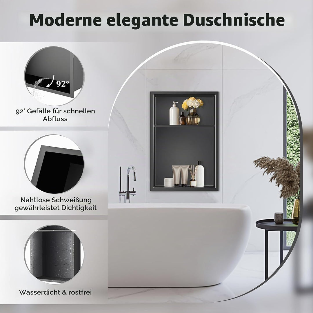FTL Duschnische aus 304 Edelstahl 45x30x10cm,Schwarz Wandnische Dusche,Eingebettete Wandnische,Keine