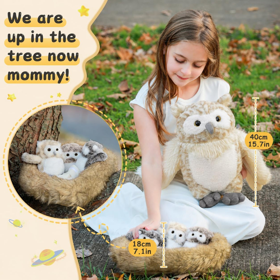 MorisMos gross Eule Kuscheltier XXL Set, 40cm hoch riesen Eule Kuscheltier mit 3 Babys im Bauch, owl