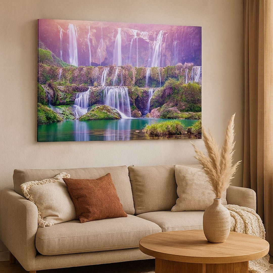 Bilder auf Leinwand 100x70cm Leinwandbild mit Rahmen Wasserfall Natur Gross Wanddeko Bild Schlafzimm