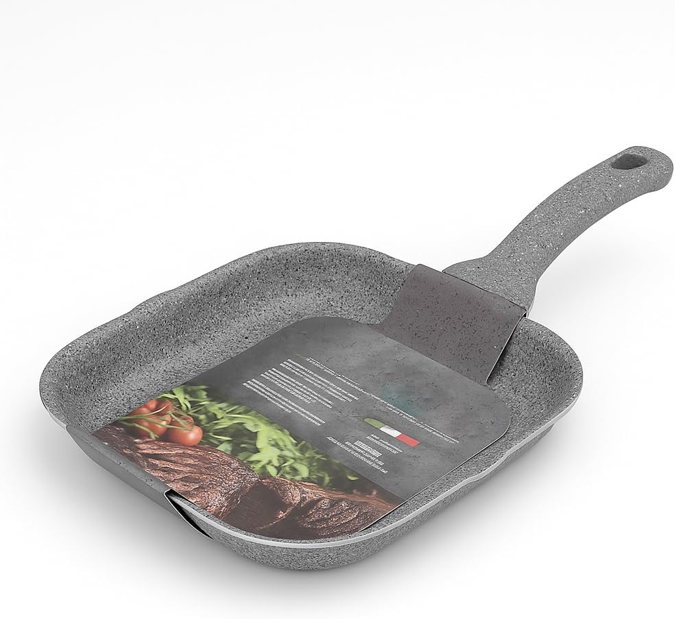 BAKAJI Set Pfanne 32 cm und Grillpfanne 24 x 24 cm, Antihaftbeschichtung in Steinoptik, PFOA-frei, w