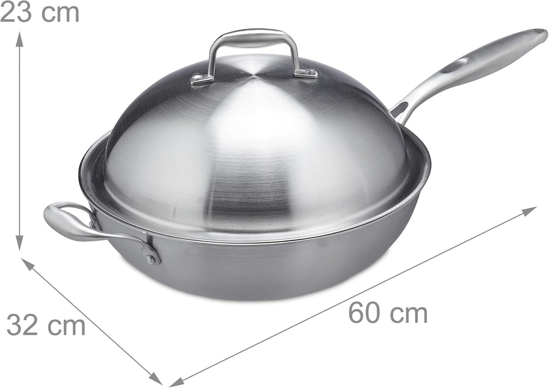 Relaxdays Wok, 32 cm, Edelstahl unbeschichtet, Gas-, Elektro-, Induktionsherd, Wokpfanne mit Deckel