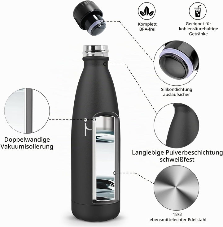 Trinkflasche Edelstahl 750ml, Thermosflasche, BPA-Frei, Wasserflasche Sport - Auslaufsicher Wasserfl