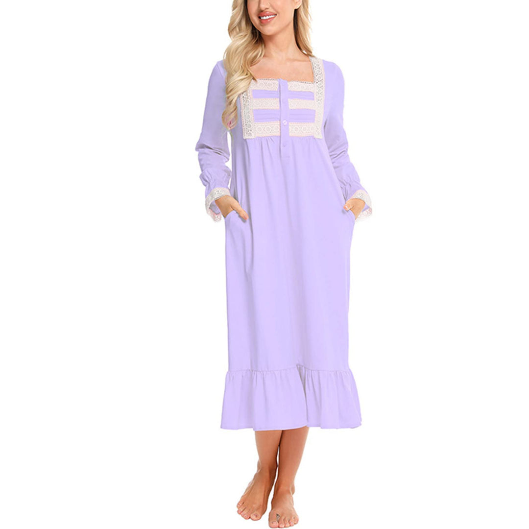 aromm Damen Weich Nachthemd Knopfleiste Viktorianisch Lange Ärmel Stillen Pyjama XXL Violett, XXL Vi