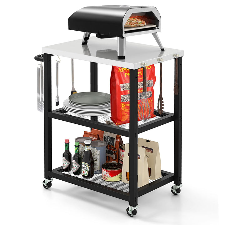 FANTASK Grillwagen, BBQ Beistellwagen mit 3 Ablagen, 4 Rädern, Griff, Haken, praktischer Beistelltis