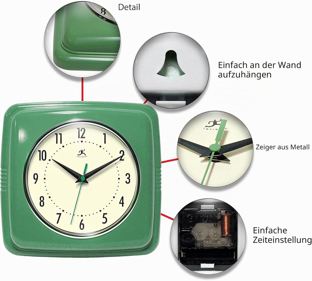 Infinity Instruments Quadratische, stille Retro-Wanduhr, 22,9 cm, Mitte des Jahrhunderts, Moderne Kü