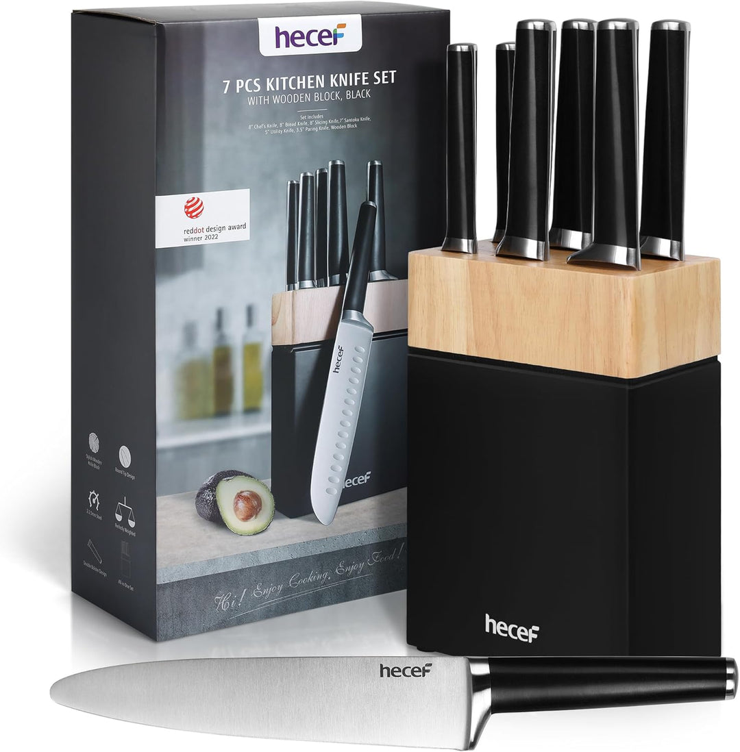 hecef Messerblock mit Messer, 7-tlg Scharfe Messerset mit Vollzahn-Konstruktion, Edelstahl Küchenmes