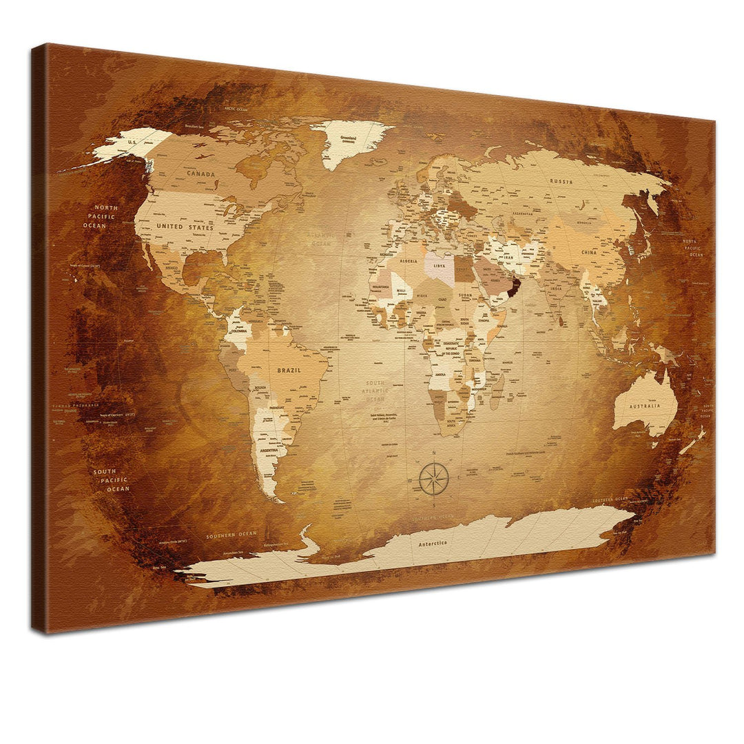 Worldmap Braun Colorful, 100 x 70 cm, einteilig, Premium ohne Kork, englisch Braun Colorful 100 x 70