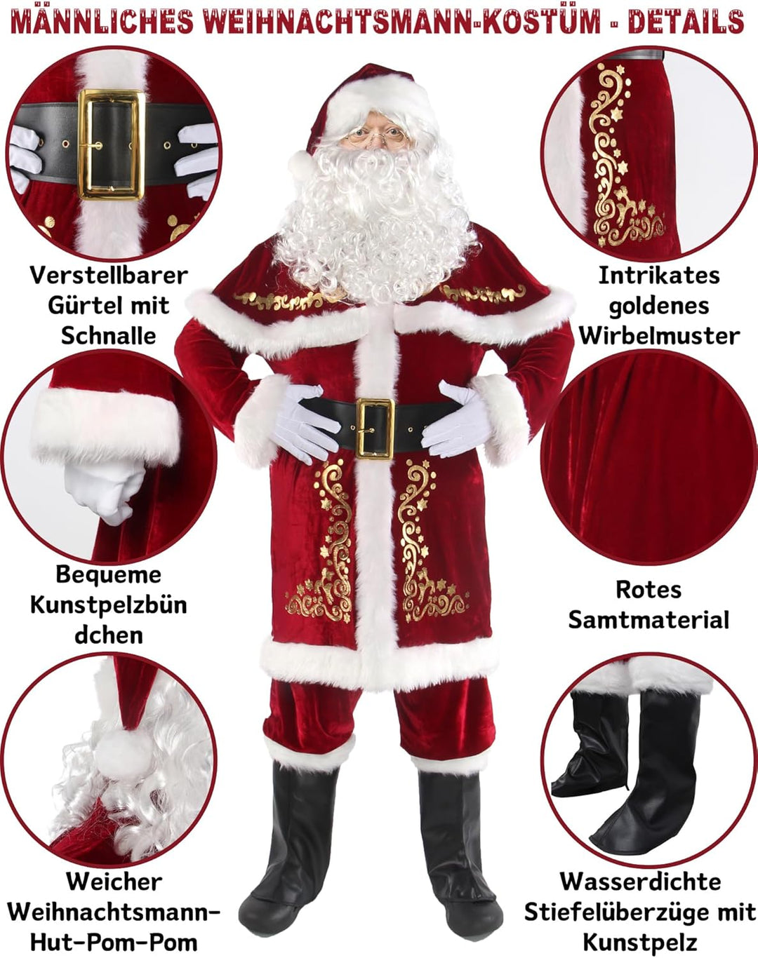 Ahititi Weihnachtsmann Kostüm für Männer 12 Stk Set Weihnachtsfeier Cosplay für Erwachsene Roter Del