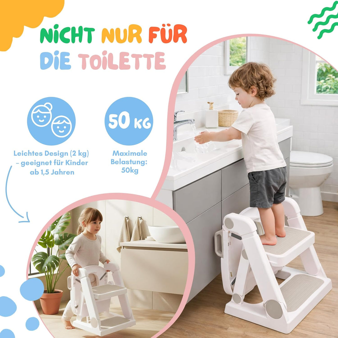 Toilettensitz Kinder mit Treppe Beige ab 1,5 Jahren - 2-in-1 Toilettentreppe für Jungen und Mädchen