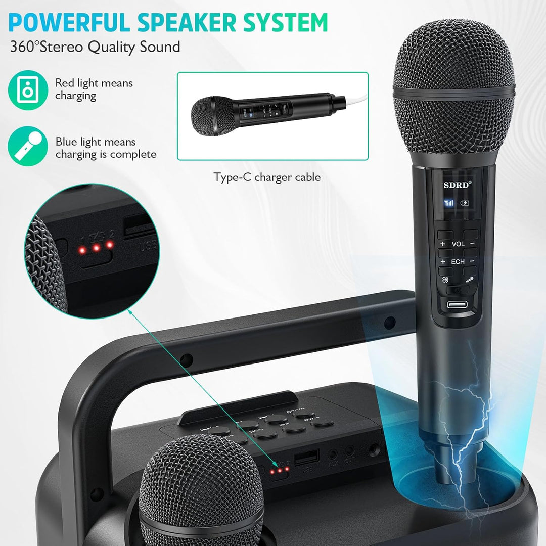 Karaoke-Maschine mit zwei drahtlosen Mikrofonen, tragbarer Bluetooth-Lautsprecher für Erwachsene und