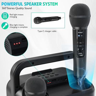 Karaoke-Maschine mit zwei drahtlosen Mikrofonen, tragbarer Bluetooth-Lautsprecher für Erwachsene und