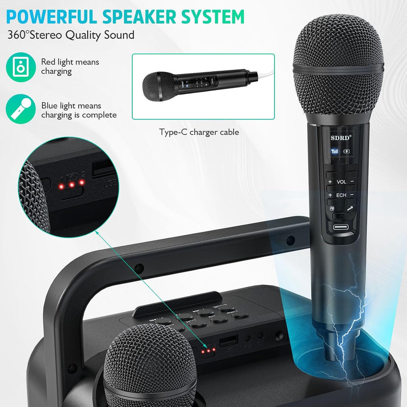 Karaoke-Maschine mit zwei drahtlosen Mikrofonen, tragbarer Bluetooth-Lautsprecher für Erwachsene und