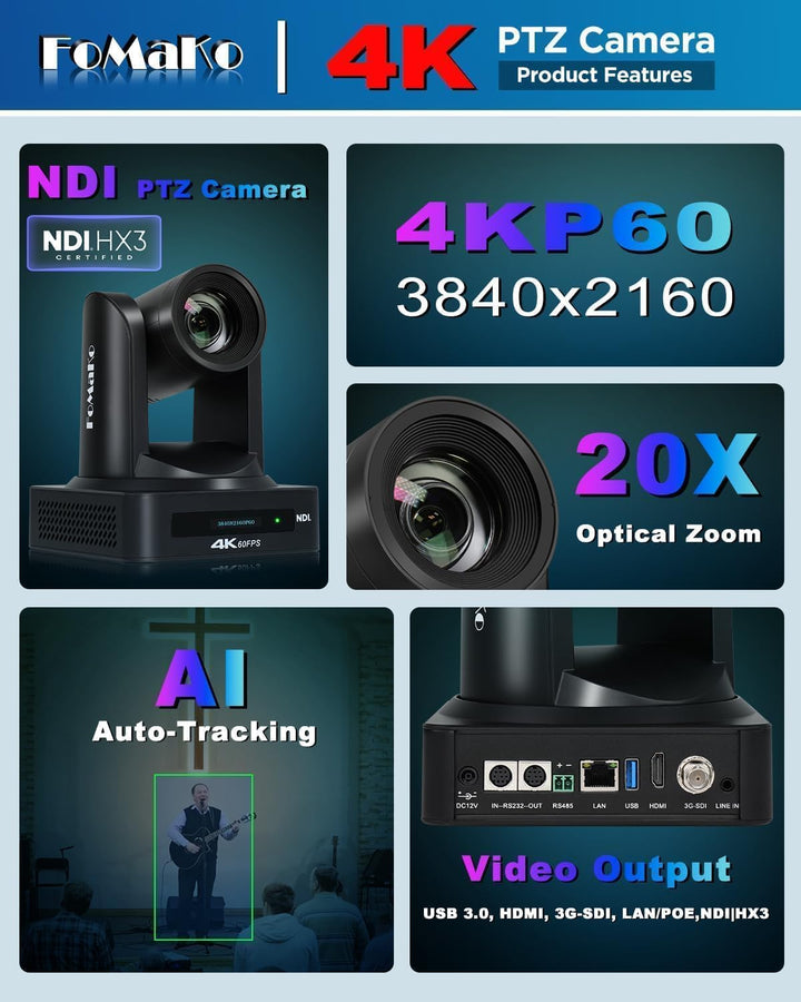 FoMaKo 4K 60FPS NDI HX3 PTZ Kamera, KI-Auto-Tracking, 20x Optischer Zoom NDI-Ausgang 4K@60, mit HDMI