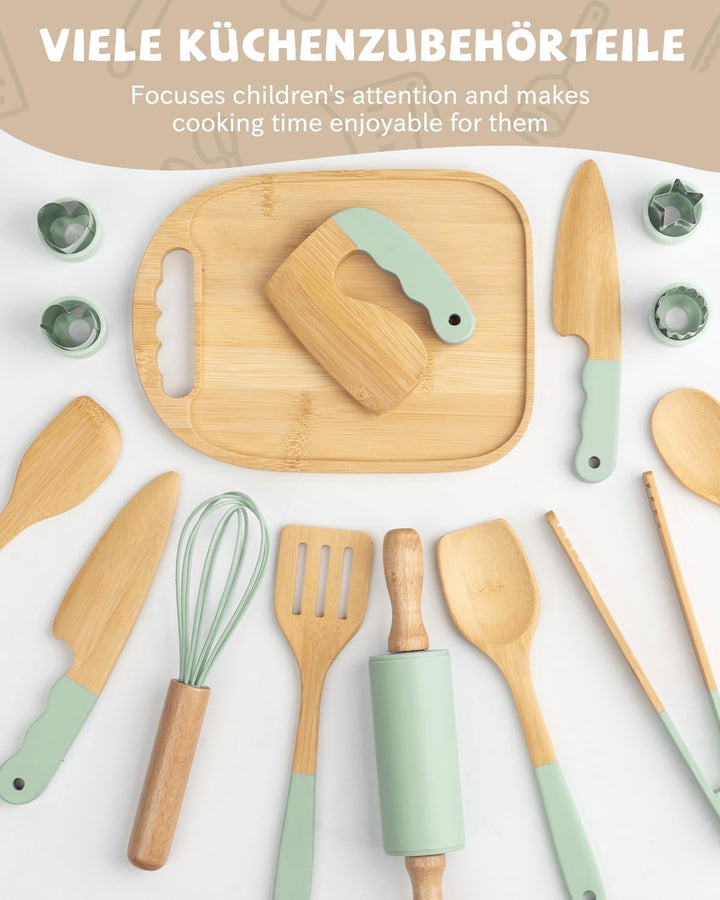 Kindermesser Set – 15-teilig mit sicherem Kiddikutter, Holzmesser Schneidebrett – Montessori Küchens