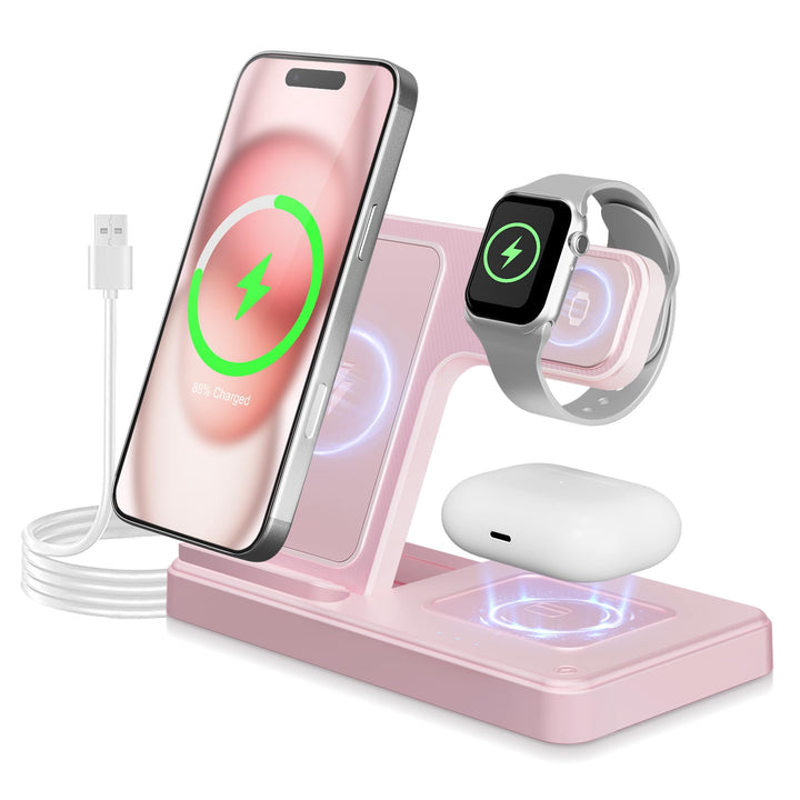 3 in 1 Ladestation Kabellos, 15W Induktive Schnellladegerät für iPhone A03 Rosa, A03 Rosa