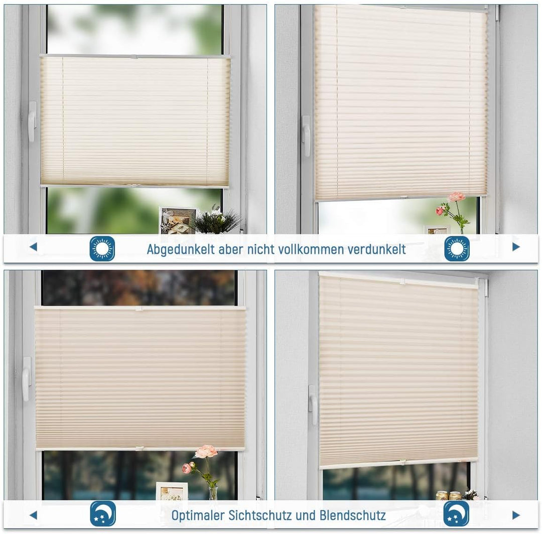 Allesin Plissee ohne Bohren Plissees Klemmfix Creme 35x80cm(BxH), Plisseerollo Faltrollo mit Klemmtr