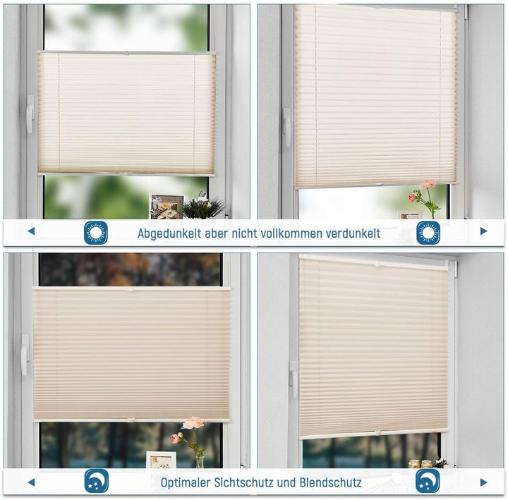 Allesin Plissee ohne Bohren Plissees Klemmfix Creme 35x90cm(BxH), Plisseerollo Faltrollo mit Klemmtr