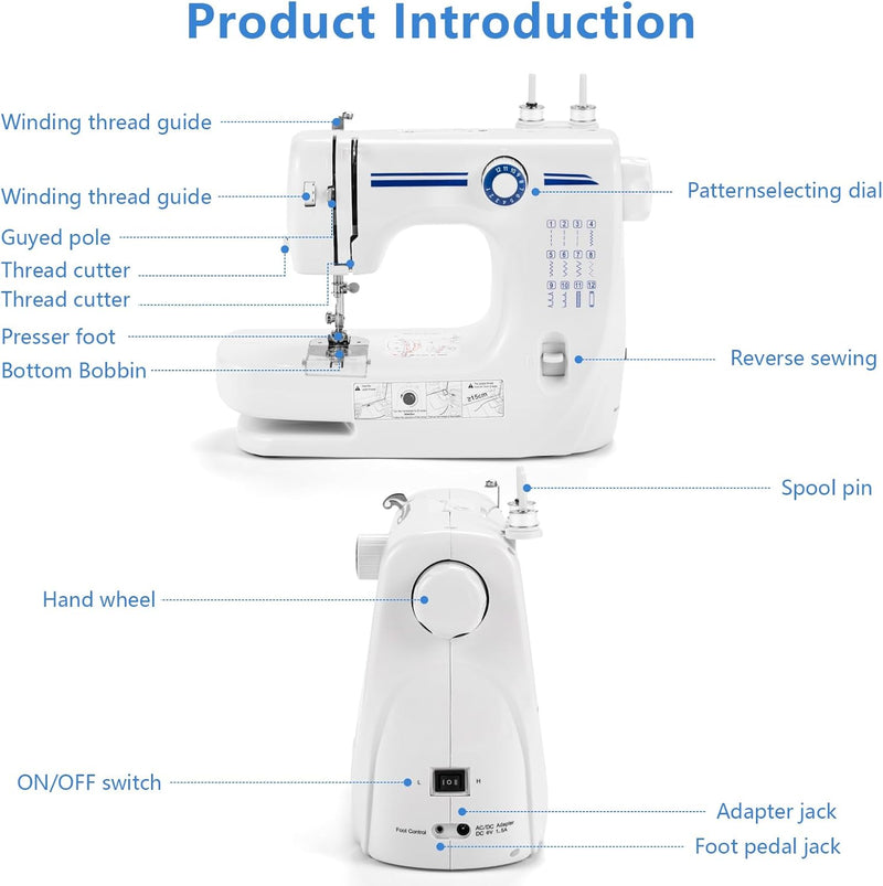 Nähmaschine, Mini-Nähmaschine, tragbare elektrische Nähmaschine für Anfänger, 12 integrierte Stiche,