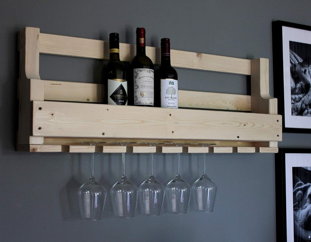 Dekorie Weinregal aus Holz für die Wand - mit Gläserhalter - Natur - fertig montiert - Regal für Wei
