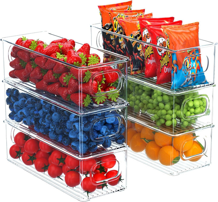 FINEW Kühlschrank Organizer 6er Set, Stapelbar Küchen Aufbewahrungsbox, Kühlschrankbox mit Griff, du