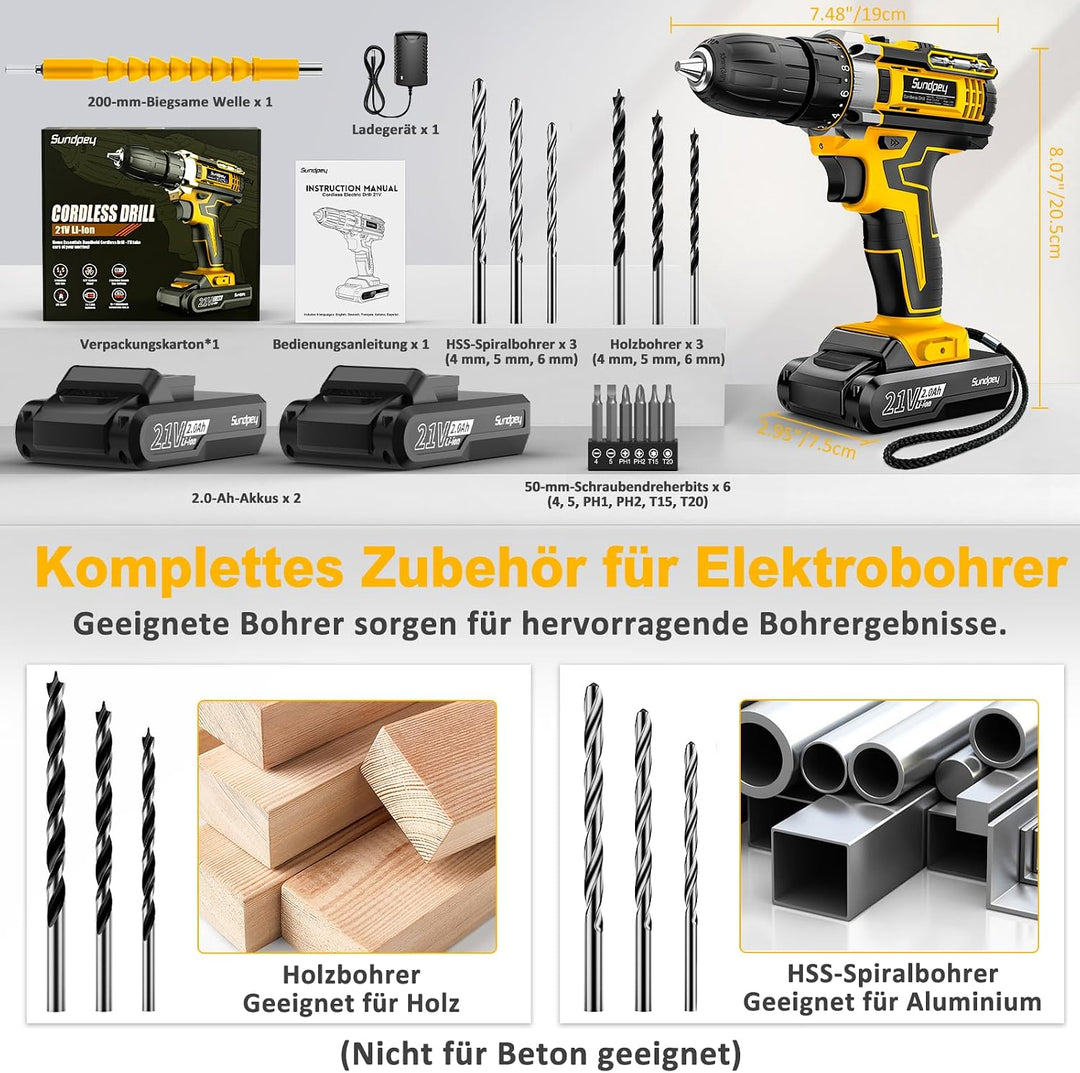Sundpey Akkuschrauber Set mit 2 Akkus 2,0Ah, 21V Akkubohrer und Schrauber mit 18+1 Drehmomentstufen,