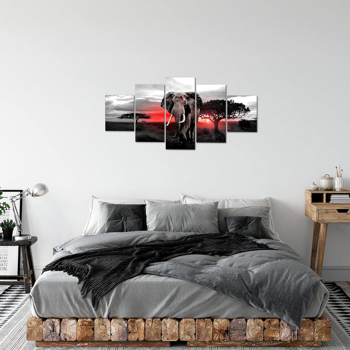Runa Art Bild Wohnzimmer Schlafzimmer Afrika Elefant 5 Teilig Savanne Grau Rosa Wandbilder auf Vlies