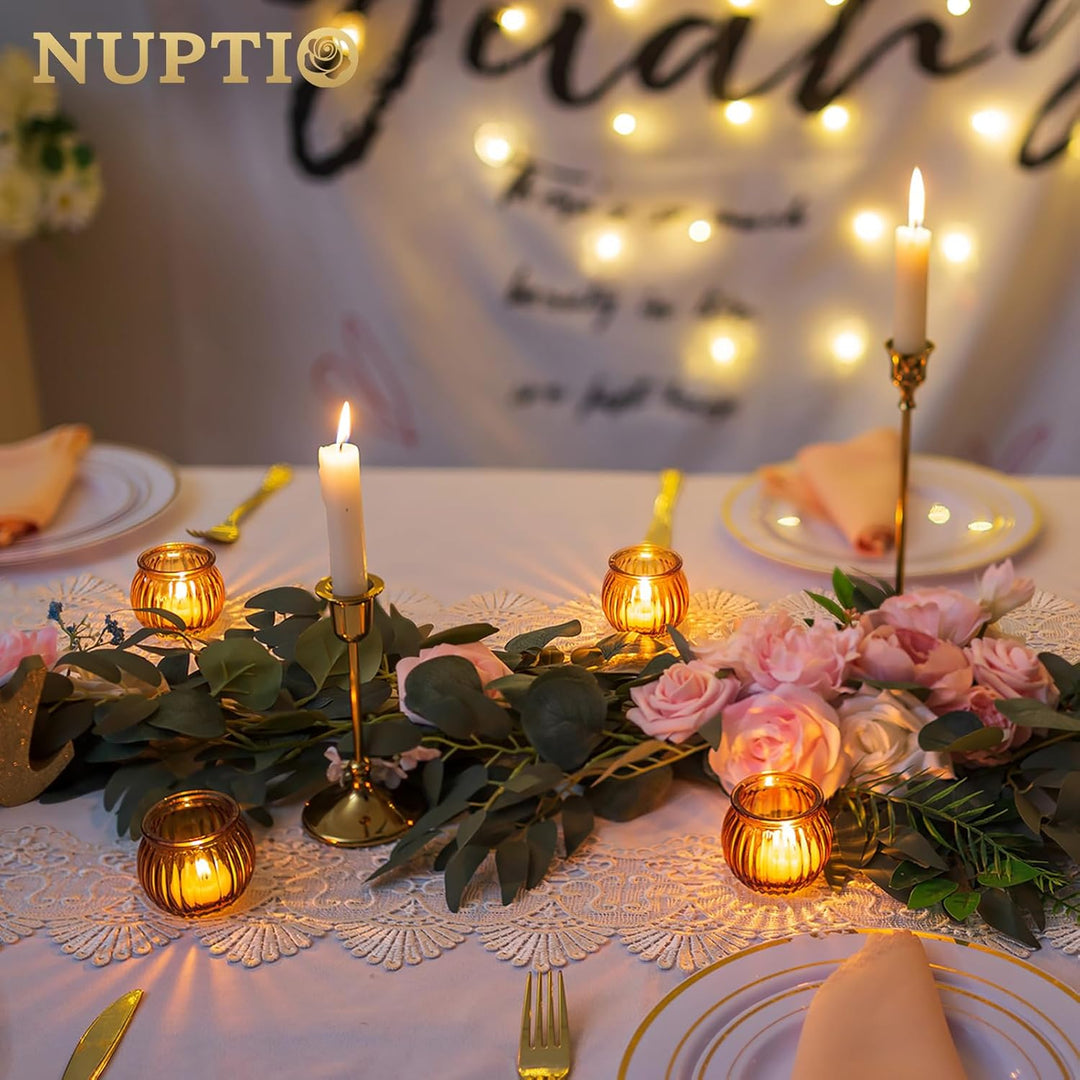 NUPTIO Teelichthalter Teelichtgläser Kürbis Glas - 12 Stück Bernstein Votivkerzenhalter Weihnachten