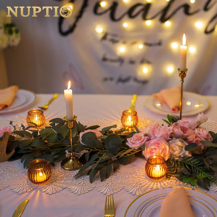 NUPTIO Teelichthalter Teelichtgläser Kürbis Glas - 12 Stück Bernstein Votivkerzenhalter Weihnachten