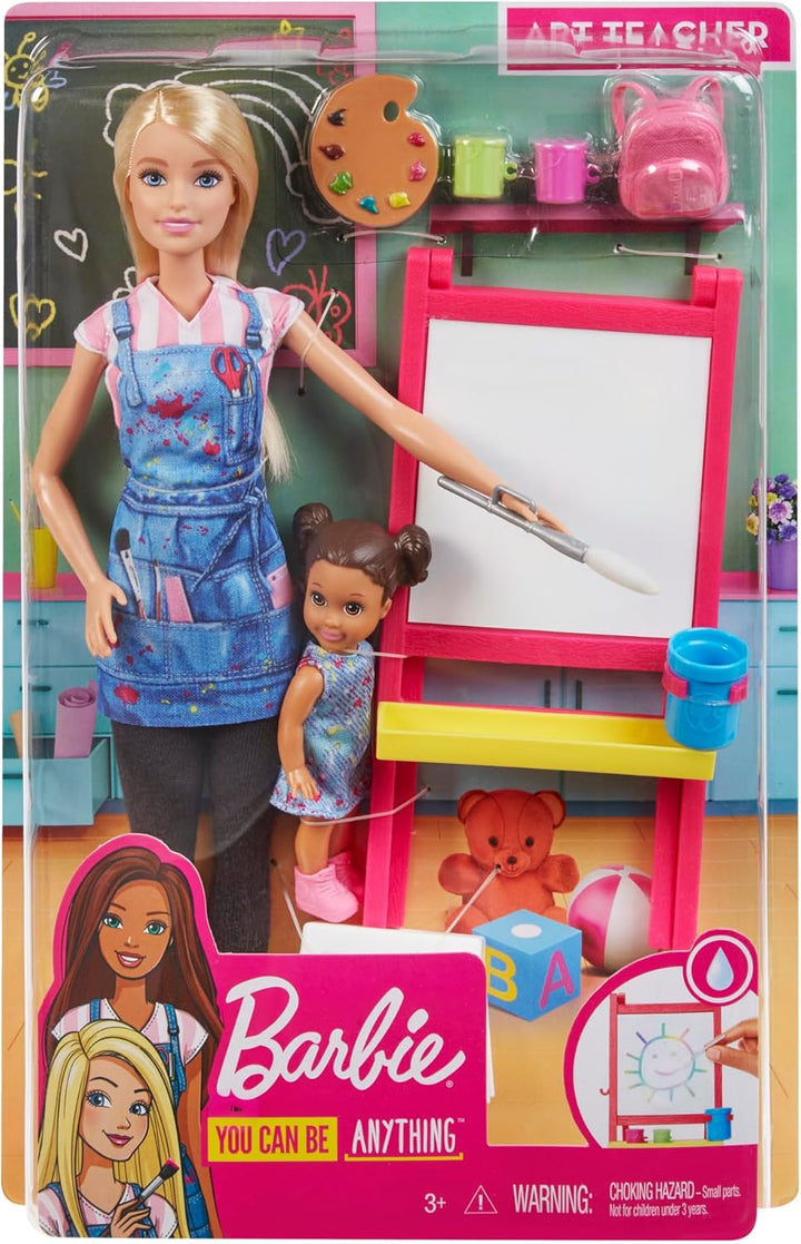 Barbie GJM29 - Kunstlehrerin-Spielset, Puppe (blond), Kleinkind-Puppe, Staffelei mit Farbwechsel-Eff