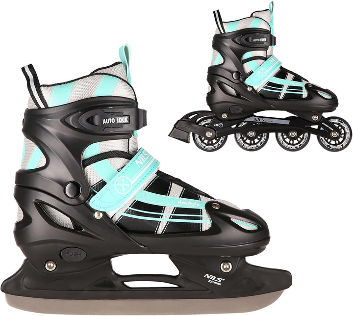 Nils Extreme 2-In-1 Inliner Eishockey Chaska, Farbe:Blau-Grün, Grösse:L(39-42)