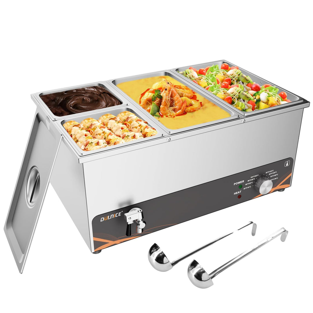 DULNICE Bain Marie Speisewärmer Elektrische Edelstahl 1500W 4 GN-Behältern Wasserbad mit Ablaufhahn,
