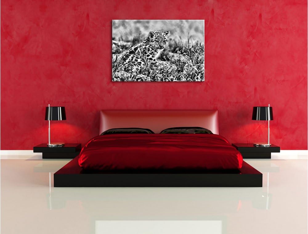 Pixxprint junger Leopard im Gras / 100x70cm Leinwandbild bespannt auf Holzrahmen/Wandbild Kunstdruck
