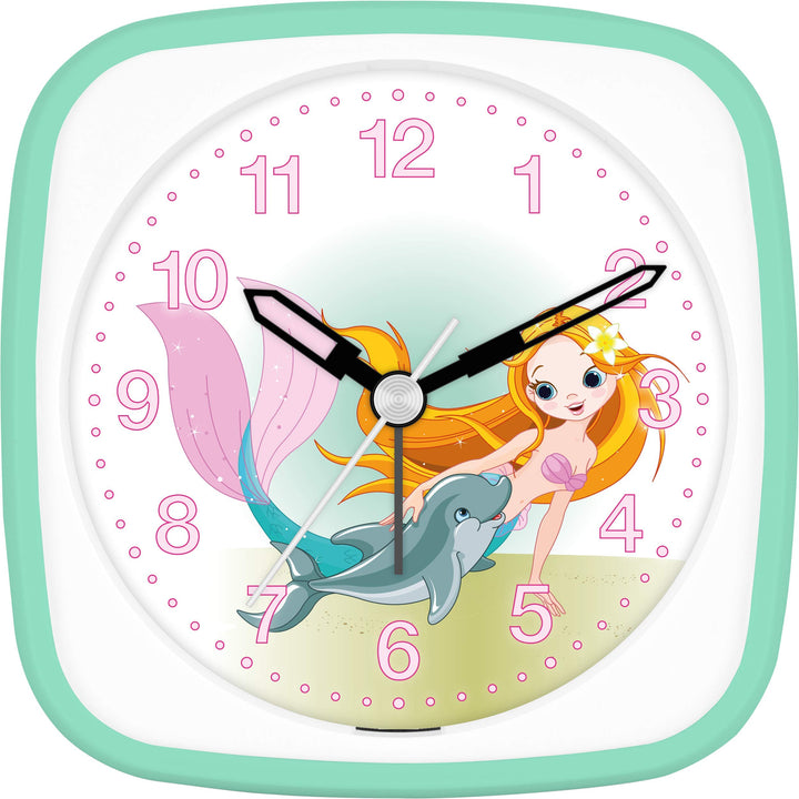 Eurotime Wecker für Mädchen mit Meerjungfrau Delphin, Mint Weiss, Kinderwecker, Kunststoffgehäuse un