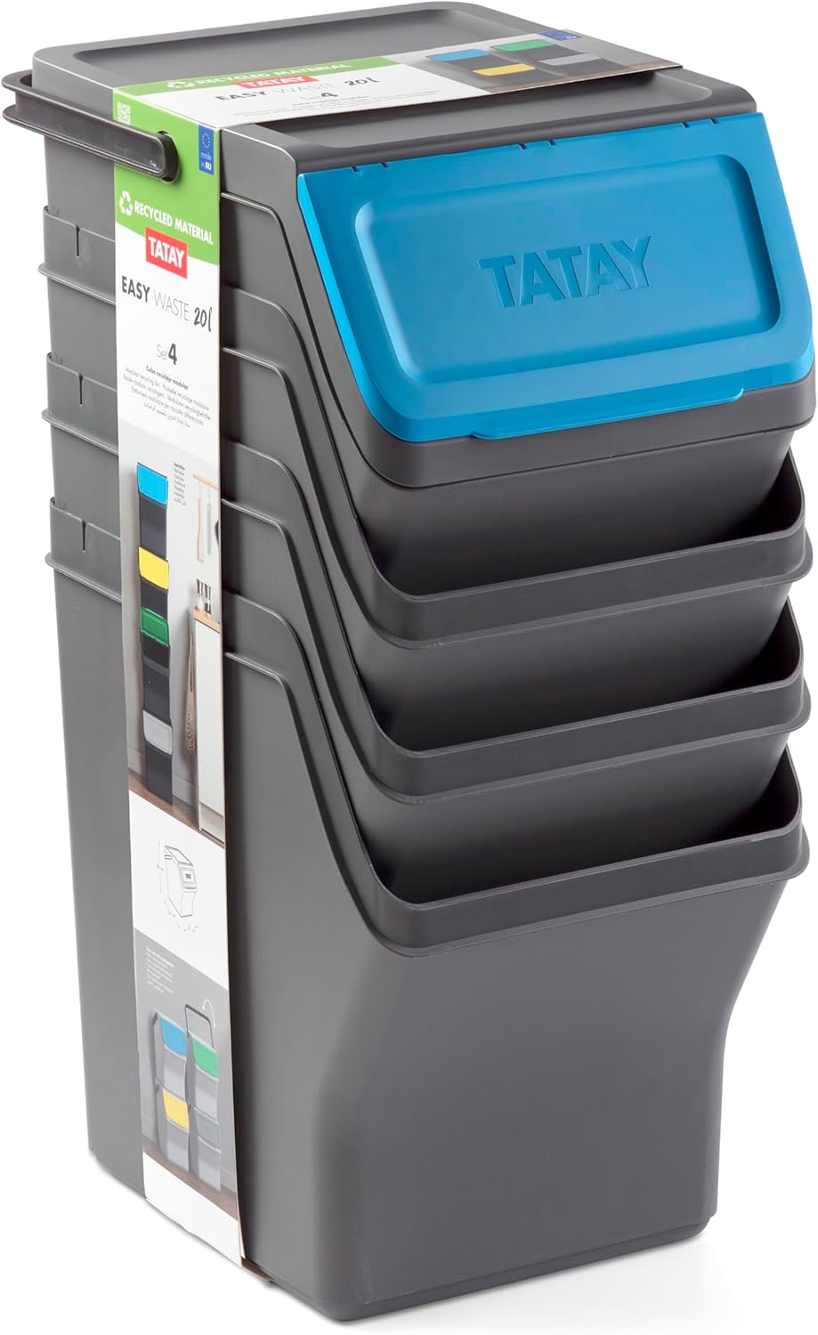 TATAY Mülltrennsystem Easy Waste 20L | 4er Set Recycling Behälter | Modular und Stapelbar | Deckel m