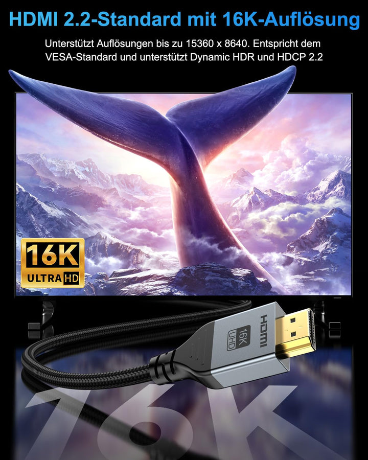 16K HDMI 2.2 Kabel, 96Gbit/s Hohe Geschwindigkeit HDMI Kabel, 16K 60Hz 8K 240Hz 4K 480Hz 12K 120Hz K
