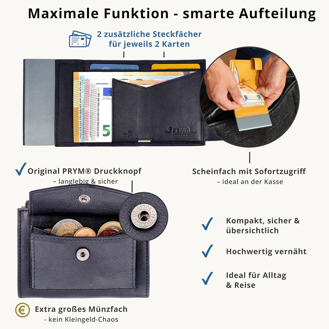 SecWal Kartenetui mit Münzfach Druckknopf inkl. Geschenkbox - Made in Germany - Echtleder Mini Geldb