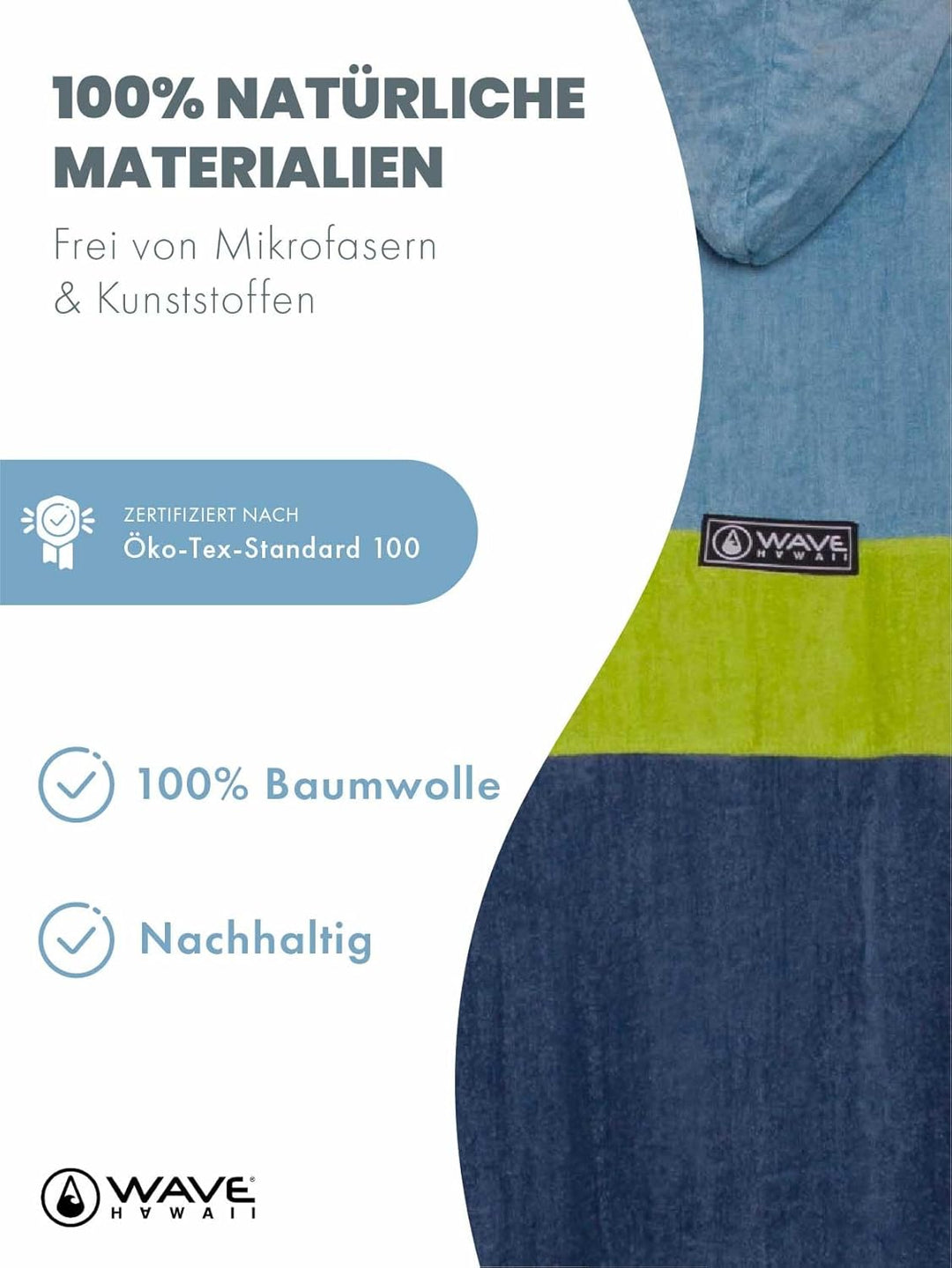 WAVE HAWAII Bade-Poncho Damen & Herren | Grösse L, 170-200cm I 100% Baumwolle Surf-Poncho Erwachsene